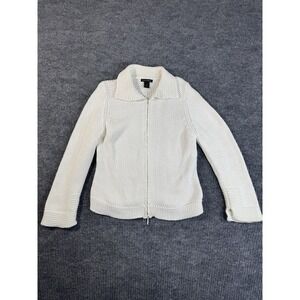 Sydney Easton White Collared Full Zip Knit Cardigan Sweater M 100% Cotton Women